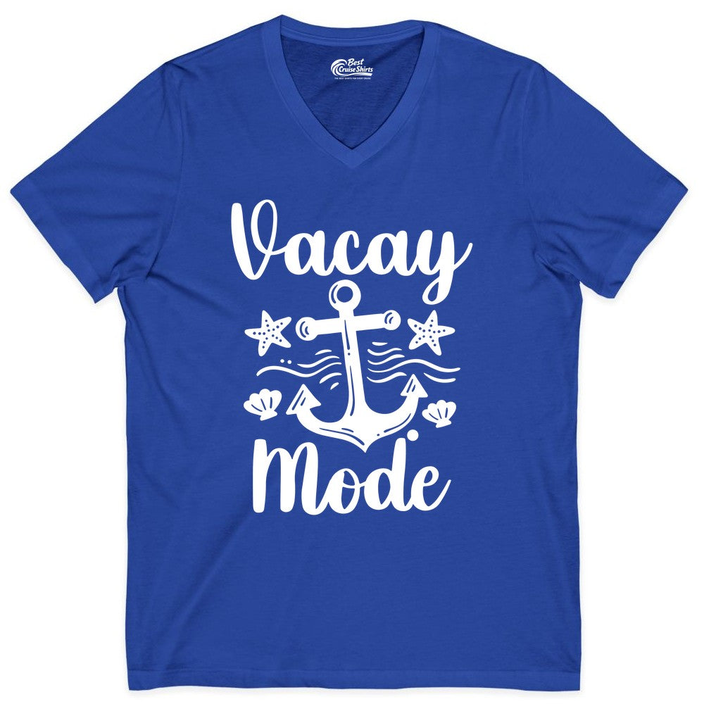 Vacay Mode Shirt - Nautical Vacation Shirt for Beach & Cruise Trips (V-Neck) in True Royal - Vacay Mode Nautical Anchor Beach Shirt - Cruise Vacation Tee