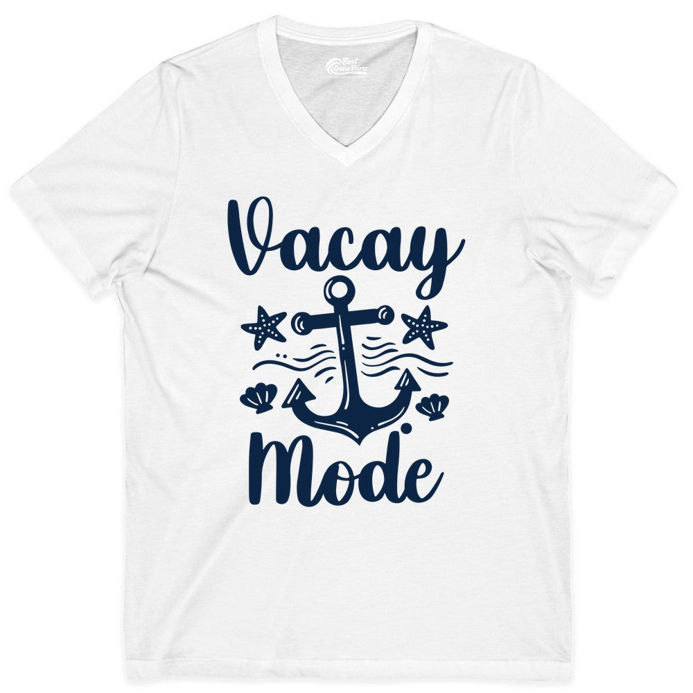 Vacay Mode Shirt - Nautical Vacation Shirt for Beach & Cruise Trips (V-Neck) in White - Vacay Mode Nautical Anchor Beach Shirt - Cruise Vacation Tee