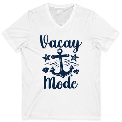 Vacay Mode Shirt - Nautical Vacation Shirt for Beach & Cruise Trips (V-Neck) in White - Vacay Mode Nautical Anchor Beach Shirt - Cruise Vacation Tee