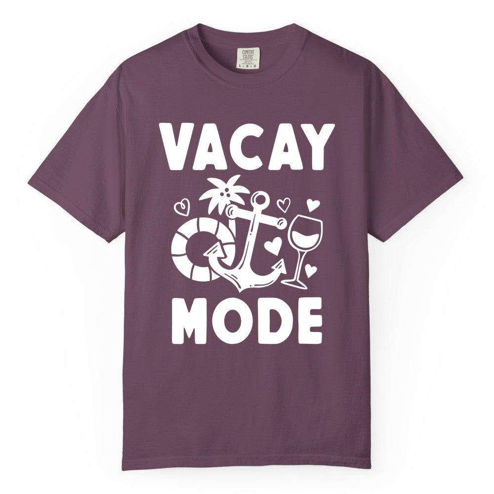Vacay Mode Shirt - Cruise Vacation Top for Summer Getaways (Comfort Color) in Berry - Vacay Mode Cruise Shirt - Anchor Palm Wine Lifebuoy Tropical Art Tee