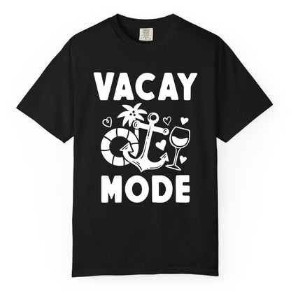 Vacay Mode Shirt - Cruise Vacation Top for Summer Getaways (Comfort Color) in Black - Vacay Mode Cruise Shirt - Anchor Palm Wine Lifebuoy Tropical Art Tee