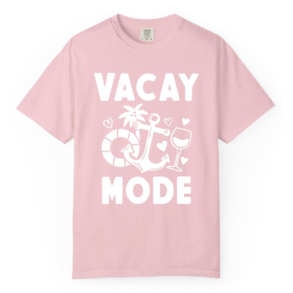 Vacay Mode Shirt - Cruise Vacation Top for Summer Getaways (Comfort Color) in Blossom - Vacay Mode Cruise Shirt - Anchor Palm Wine Lifebuoy Tropical Art Tee