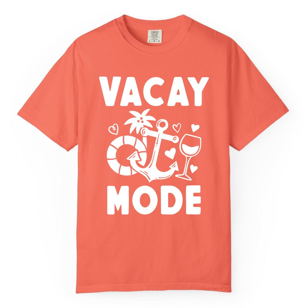 Vacay Mode Shirt - Cruise Vacation Top for Summer Getaways (Comfort Color) in Bright Salmon - Vacay Mode Cruise Shirt - Anchor Palm Wine Lifebuoy Tropical Art Tee