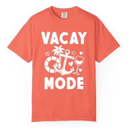 Vacay Mode Shirt - Cruise Vacation Top for Summer Getaways (Comfort Color) in Bright Salmon - Vacay Mode Cruise Shirt - Anchor Palm Wine Lifebuoy Tropical Art Tee