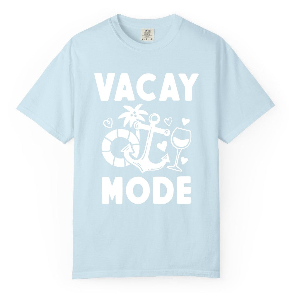 Vacay Mode Shirt - Cruise Vacation Top for Summer Getaways (Comfort Color) in Chambray - Vacay Mode Cruise Shirt - Anchor Palm Wine Lifebuoy Tropical Art Tee