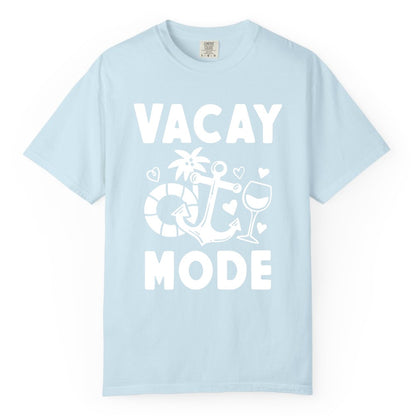 Vacay Mode Shirt - Cruise Vacation Top for Summer Getaways (Comfort Color) in Chambray - Vacay Mode Cruise Shirt - Anchor Palm Wine Lifebuoy Tropical Art Tee