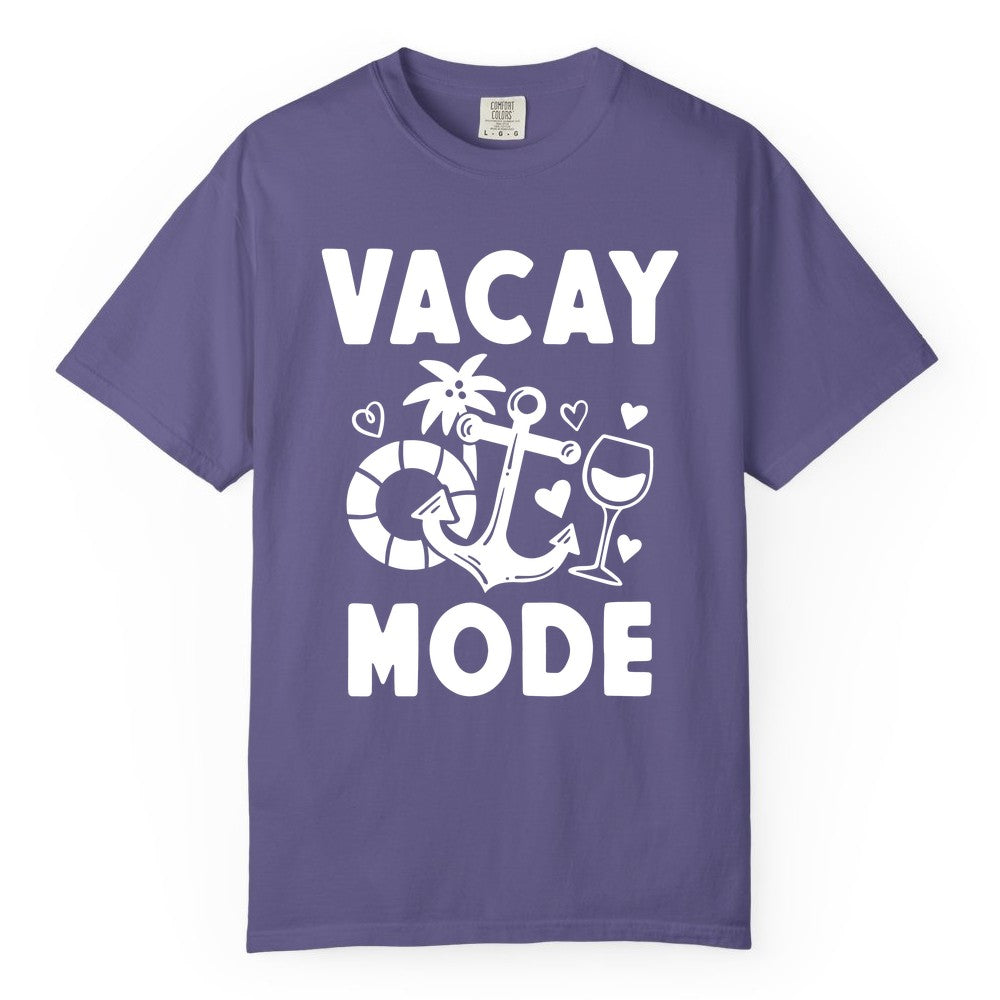 Vacay Mode Shirt - Cruise Vacation Top for Summer Getaways (Comfort Color) in Grape - Vacay Mode Cruise Shirt - Anchor Palm Wine Lifebuoy Tropical Art Tee