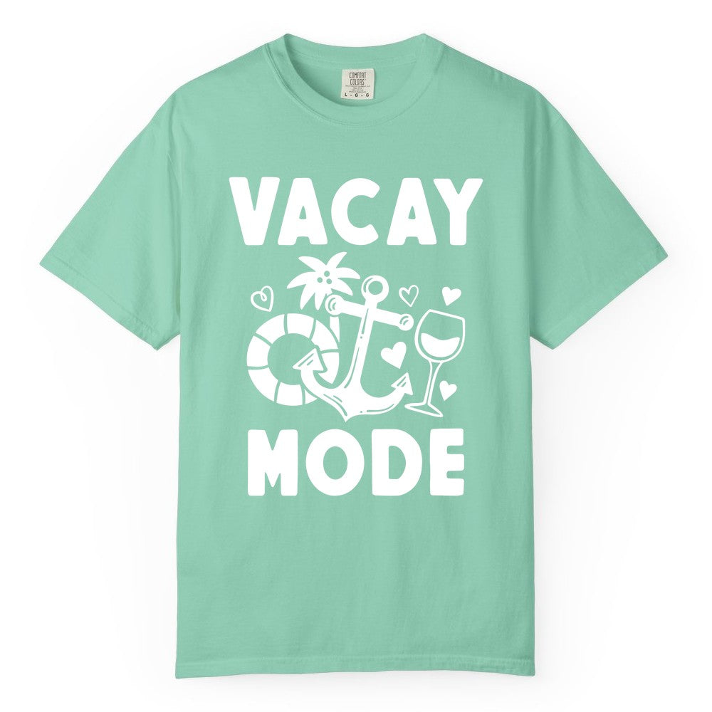 Vacay Mode Shirt - Cruise Vacation Top for Summer Getaways (Comfort Color) in Island Reef - Vacay Mode Cruise Shirt - Anchor Palm Wine Lifebuoy Tropical Art Tee