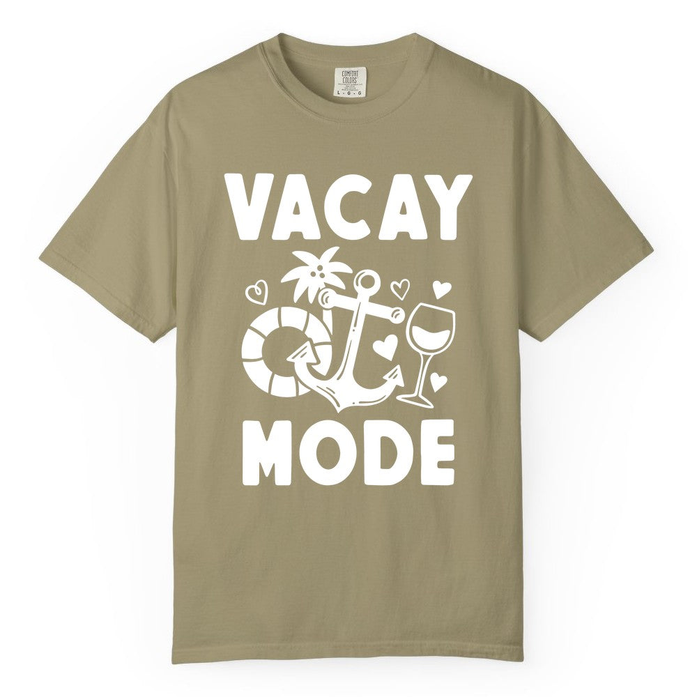 Vacay Mode Shirt - Cruise Vacation Top for Summer Getaways (Comfort Color) in Khaki - Vacay Mode Cruise Shirt - Anchor Palm Wine Lifebuoy Tropical Art Tee