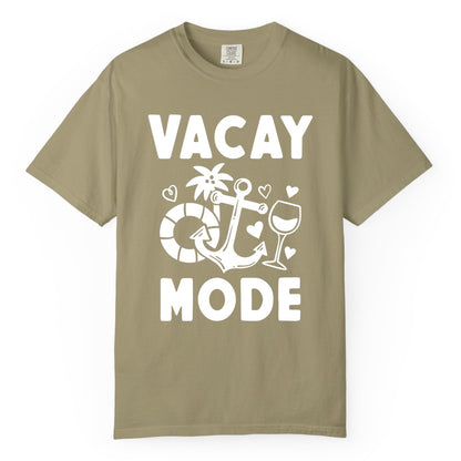 Vacay Mode Shirt - Cruise Vacation Top for Summer Getaways (Comfort Color) in Khaki - Vacay Mode Cruise Shirt - Anchor Palm Wine Lifebuoy Tropical Art Tee