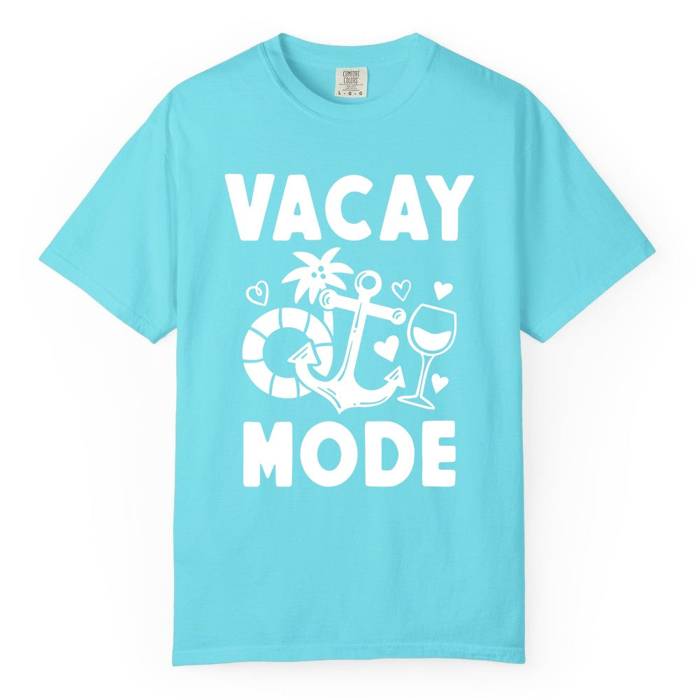 Vacay Mode Shirt - Cruise Vacation Top for Summer Getaways (Comfort Color) in Lagoon Blue - Vacay Mode Cruise Shirt - Anchor Palm Wine Lifebuoy Tropical Art Tee