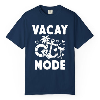 Vacay Mode Shirt - Cruise Vacation Top for Summer Getaways (Comfort Color) in Navy - Vacay Mode Cruise Shirt - Anchor Palm Wine Lifebuoy Tropical Art Tee