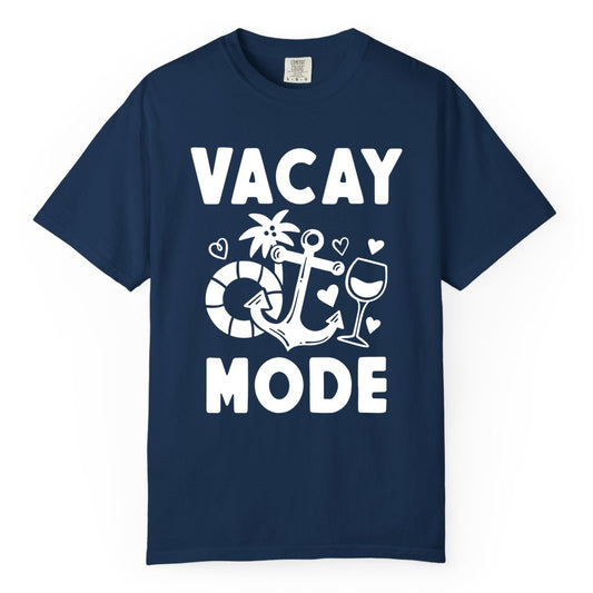 Vacay Mode Shirt - Cruise Vacation Top for Summer Getaways (Comfort Color) in Navy - Vacay Mode Cruise Shirt - Anchor Palm Wine Lifebuoy Tropical Art Tee