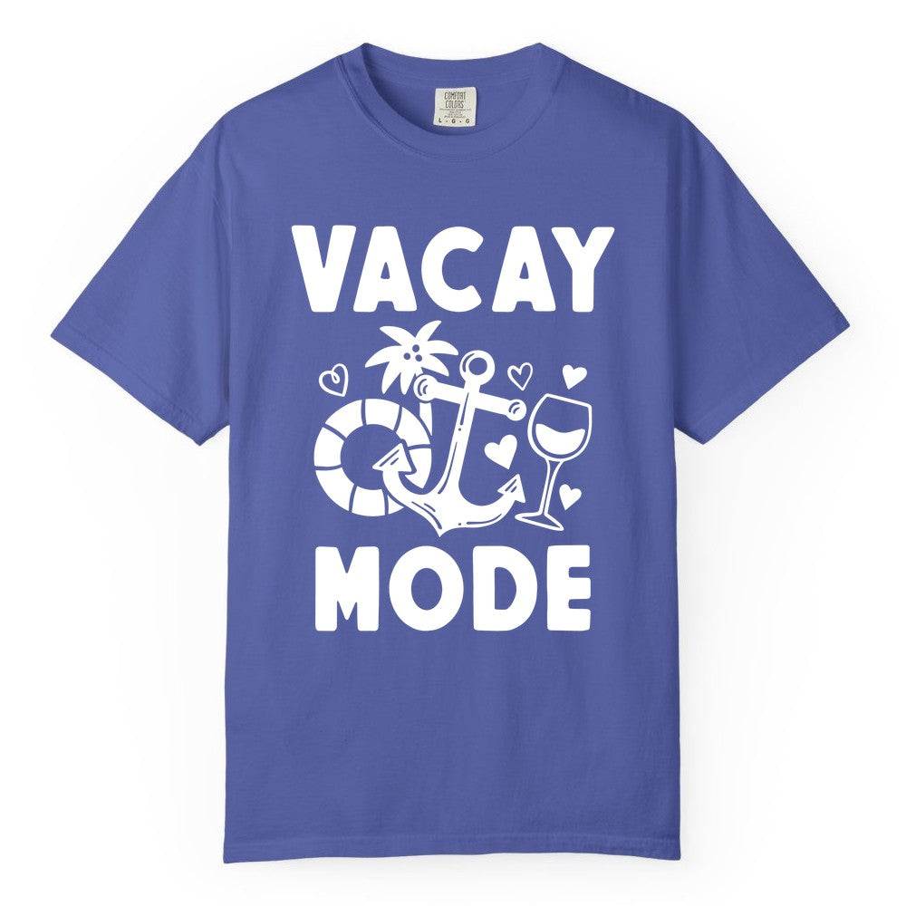 Vacay Mode Shirt - Cruise Vacation Top for Summer Getaways (Comfort Color) in Periwinkle - Vacay Mode Cruise Shirt - Anchor Palm Wine Lifebuoy Tropical Art Tee