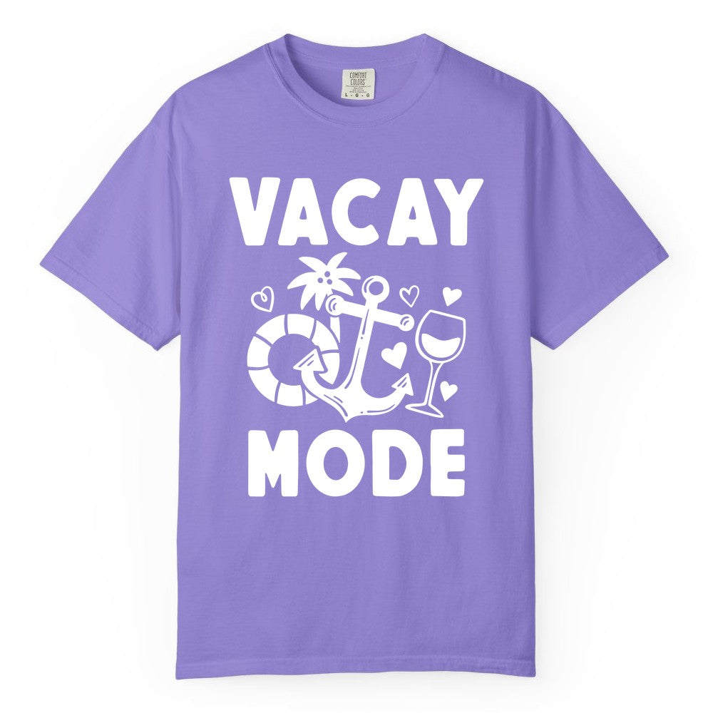 Vacay Mode Shirt - Cruise Vacation Top for Summer Getaways (Comfort Color) in Violet - Vacay Mode Cruise Shirt - Anchor Palm Wine Lifebuoy Tropical Art Tee