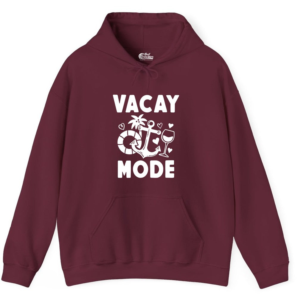 Vacay Mode Shirt - Cruise Vacation Top for Summer Getaways (Hoodie) in Maroon - Vacay Mode Cruise Shirt - Anchor Palm Wine Lifebuoy Tropical Art Tee