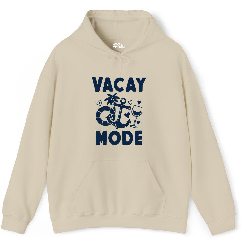 Vacay Mode Shirt - Cruise Vacation Top for Summer Getaways (Hoodie) in Sand - Vacay Mode Cruise Shirt - Anchor Palm Wine Lifebuoy Tropical Art Tee
