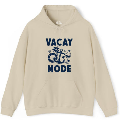 Vacay Mode Shirt - Cruise Vacation Top for Summer Getaways (Hoodie) in Sand - Vacay Mode Cruise Shirt - Anchor Palm Wine Lifebuoy Tropical Art Tee