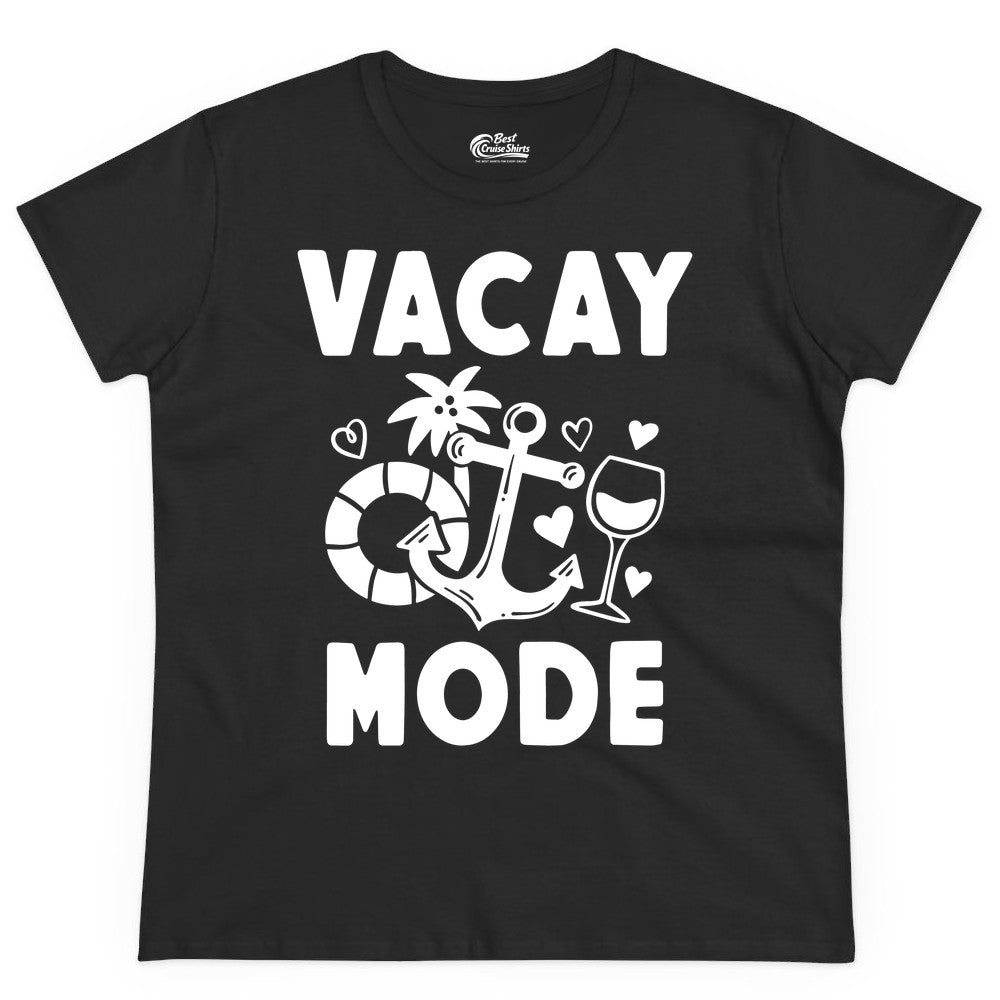 Vacay Mode Shirt - Cruise Vacation Top for Summer Getaways (Ladies Tee) in Black - Vacay Mode Cruise Shirt - Anchor Palm Wine Lifebuoy Tropical Art Tee