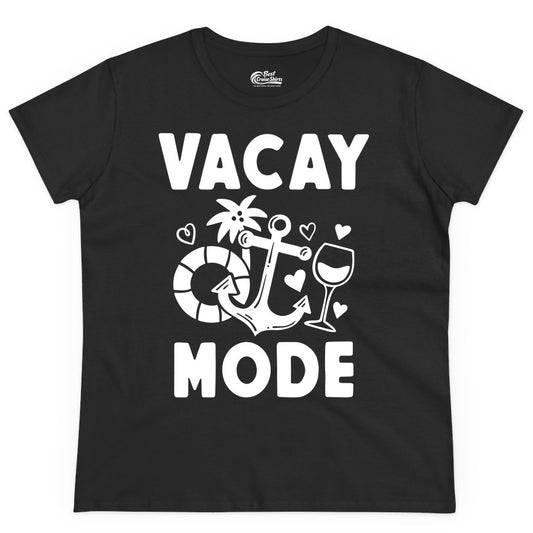 Vacay Mode Shirt - Cruise Vacation Top for Summer Getaways (Ladies Tee) in Black - Vacay Mode Cruise Shirt - Anchor Palm Wine Lifebuoy Tropical Art Tee