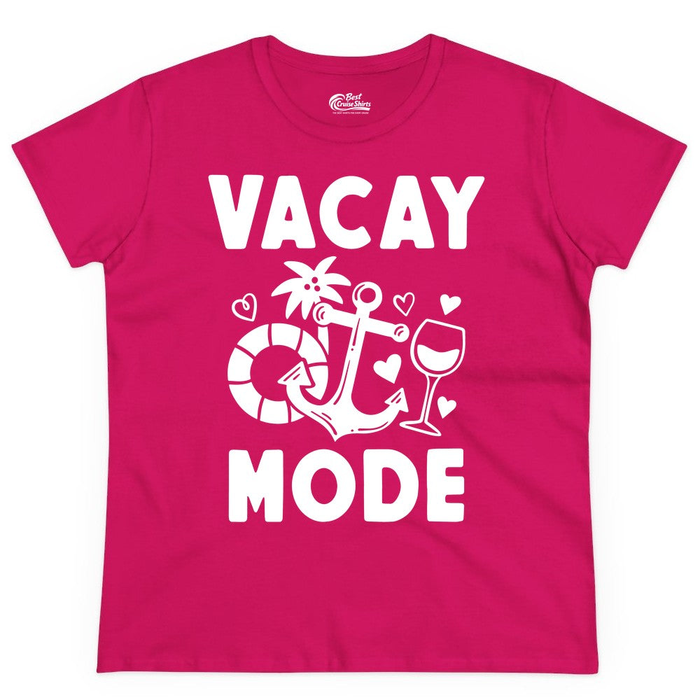 Vacay Mode Shirt - Cruise Vacation Top for Summer Getaways (Ladies Tee) in Heliconia - Vacay Mode Cruise Shirt - Anchor Palm Wine Lifebuoy Tropical Art Tee