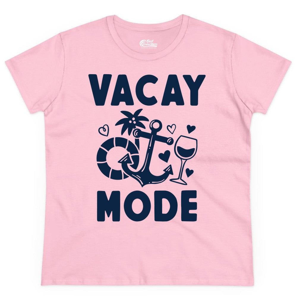 Vacay Mode Shirt - Cruise Vacation Top for Summer Getaways (Ladies Tee) in Light Pink - Vacay Mode Cruise Shirt - Anchor Palm Wine Lifebuoy Tropical Art Tee