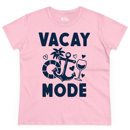 Vacay Mode Shirt - Cruise Vacation Top for Summer Getaways (Ladies Tee) in Light Pink - Vacay Mode Cruise Shirt - Anchor Palm Wine Lifebuoy Tropical Art Tee