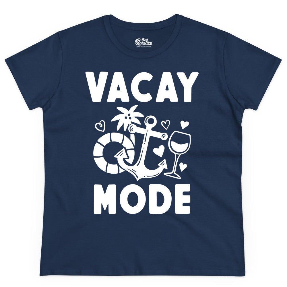 Vacay Mode Shirt - Cruise Vacation Top for Summer Getaways (Ladies Tee) in Navy - Vacay Mode Cruise Shirt - Anchor Palm Wine Lifebuoy Tropical Art Tee