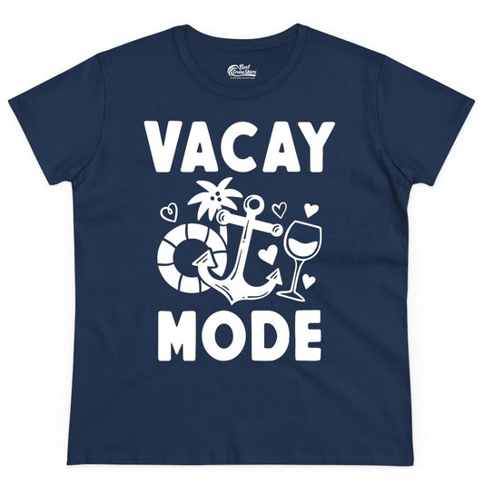 Vacay Mode Shirt - Cruise Vacation Top for Summer Getaways (Ladies Tee) in Navy - Vacay Mode Cruise Shirt - Anchor Palm Wine Lifebuoy Tropical Art Tee