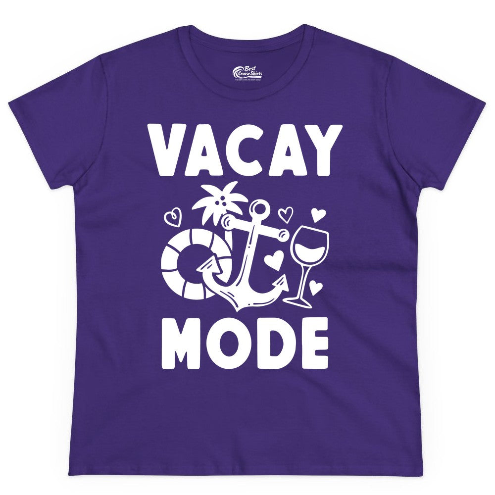 Vacay Mode Shirt - Cruise Vacation Top for Summer Getaways (Ladies Tee) in Purple - Vacay Mode Cruise Shirt - Anchor Palm Wine Lifebuoy Tropical Art Tee