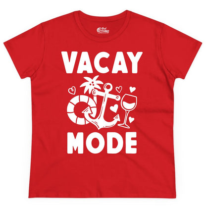 Vacay Mode Shirt - Cruise Vacation Top for Summer Getaways (Ladies Tee) in Red - Vacay Mode Cruise Shirt - Anchor Palm Wine Lifebuoy Tropical Art Tee