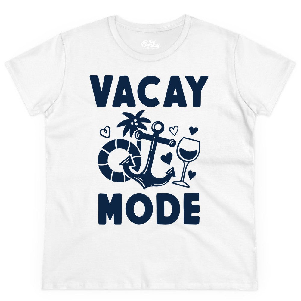 Vacay Mode Shirt - Cruise Vacation Top for Summer Getaways (Ladies Tee) in White - Vacay Mode Cruise Shirt - Anchor Palm Wine Lifebuoy Tropical Art Tee