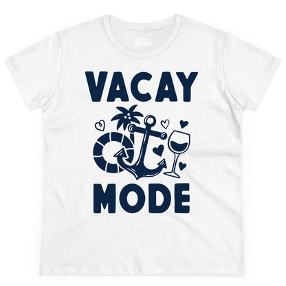 Vacay Mode Shirt - Cruise Vacation Top for Summer Getaways (Ladies Tee) in White - Vacay Mode Cruise Shirt - Anchor Palm Wine Lifebuoy Tropical Art Tee