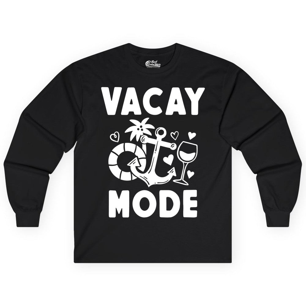 Vacay Mode Shirt - Cruise Vacation Top for Summer Getaways (Long Sleeve) in Black - Vacay Mode Cruise Shirt - Anchor Palm Wine Lifebuoy Tropical Art Tee