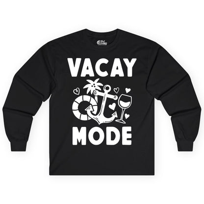 Vacay Mode Shirt - Cruise Vacation Top for Summer Getaways (Long Sleeve) in Black - Vacay Mode Cruise Shirt - Anchor Palm Wine Lifebuoy Tropical Art Tee