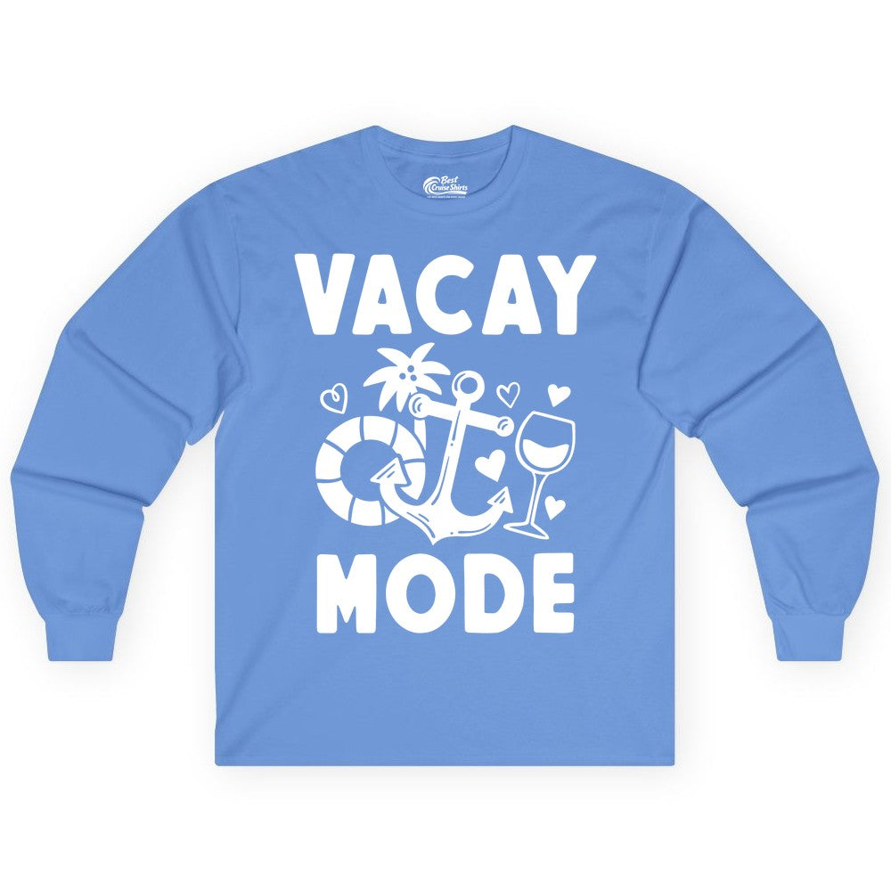 Vacay Mode Shirt - Cruise Vacation Top for Summer Getaways (Long Sleeve) in Carolina Blue - Vacay Mode Cruise Shirt - Anchor Palm Wine Lifebuoy Tropical Art Tee