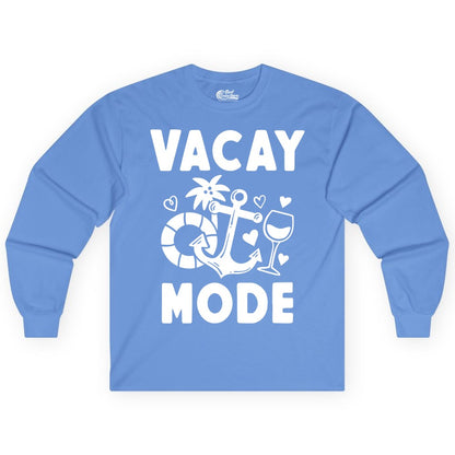 Vacay Mode Shirt - Cruise Vacation Top for Summer Getaways (Long Sleeve) in Carolina Blue - Vacay Mode Cruise Shirt - Anchor Palm Wine Lifebuoy Tropical Art Tee