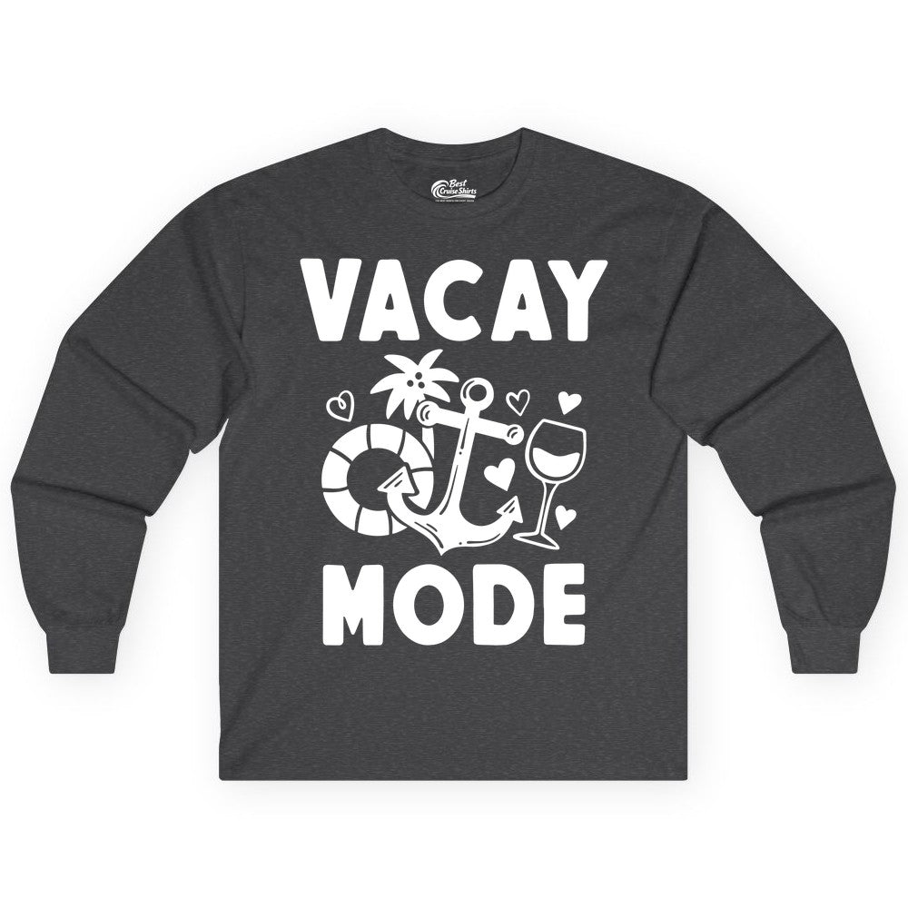 Vacay Mode Shirt - Cruise Vacation Top for Summer Getaways (Long Sleeve) in Dark Heather - Vacay Mode Cruise Shirt - Anchor Palm Wine Lifebuoy Tropical Art Tee