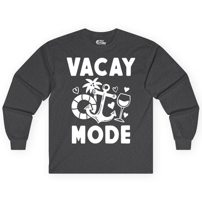 Vacay Mode Shirt - Cruise Vacation Top for Summer Getaways (Long Sleeve) in Dark Heather - Vacay Mode Cruise Shirt - Anchor Palm Wine Lifebuoy Tropical Art Tee