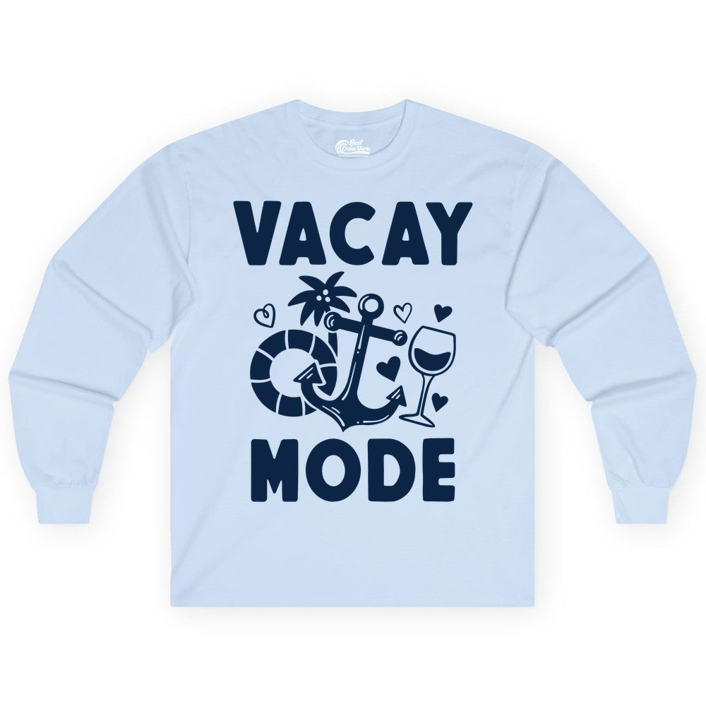 Vacay Mode Shirt - Cruise Vacation Top for Summer Getaways (Long Sleeve) in Light Blue - Vacay Mode Cruise Shirt - Anchor Palm Wine Lifebuoy Tropical Art Tee
