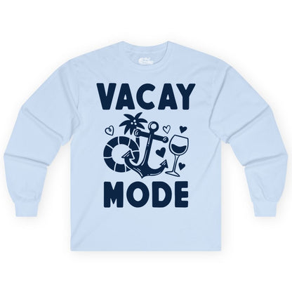 Vacay Mode Shirt - Cruise Vacation Top for Summer Getaways (Long Sleeve) in Light Blue - Vacay Mode Cruise Shirt - Anchor Palm Wine Lifebuoy Tropical Art Tee