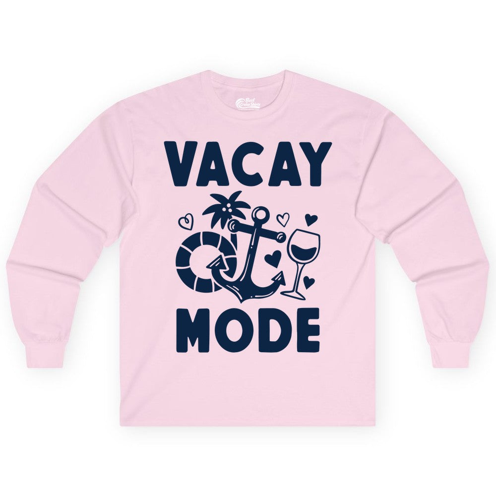 Vacay Mode Shirt - Cruise Vacation Top for Summer Getaways (Long Sleeve) in Light Pink - Vacay Mode Cruise Shirt - Anchor Palm Wine Lifebuoy Tropical Art Tee