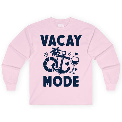 Vacay Mode Shirt - Cruise Vacation Top for Summer Getaways (Long Sleeve) in Light Pink - Vacay Mode Cruise Shirt - Anchor Palm Wine Lifebuoy Tropical Art Tee