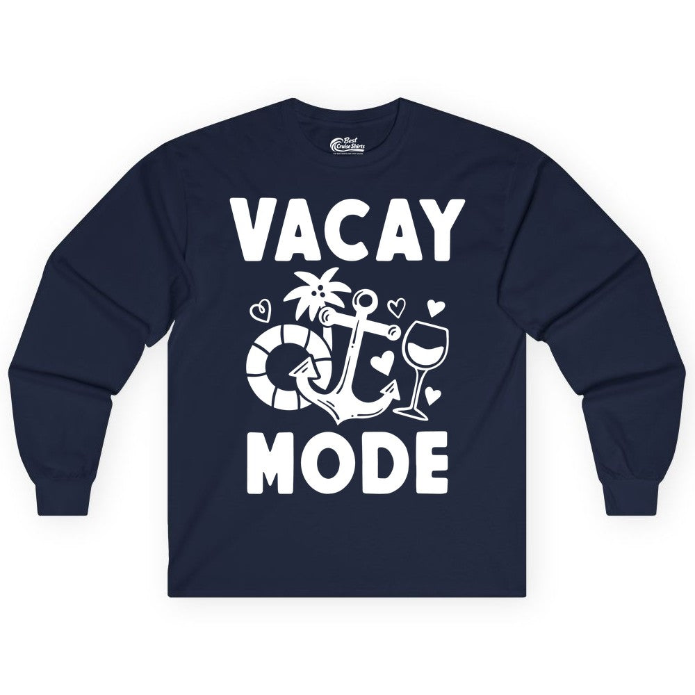 Vacay Mode Shirt - Cruise Vacation Top for Summer Getaways (Long Sleeve) in Navy - Vacay Mode Cruise Shirt - Anchor Palm Wine Lifebuoy Tropical Art Tee