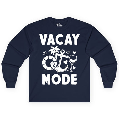 Vacay Mode Shirt - Cruise Vacation Top for Summer Getaways (Long Sleeve) in Navy - Vacay Mode Cruise Shirt - Anchor Palm Wine Lifebuoy Tropical Art Tee