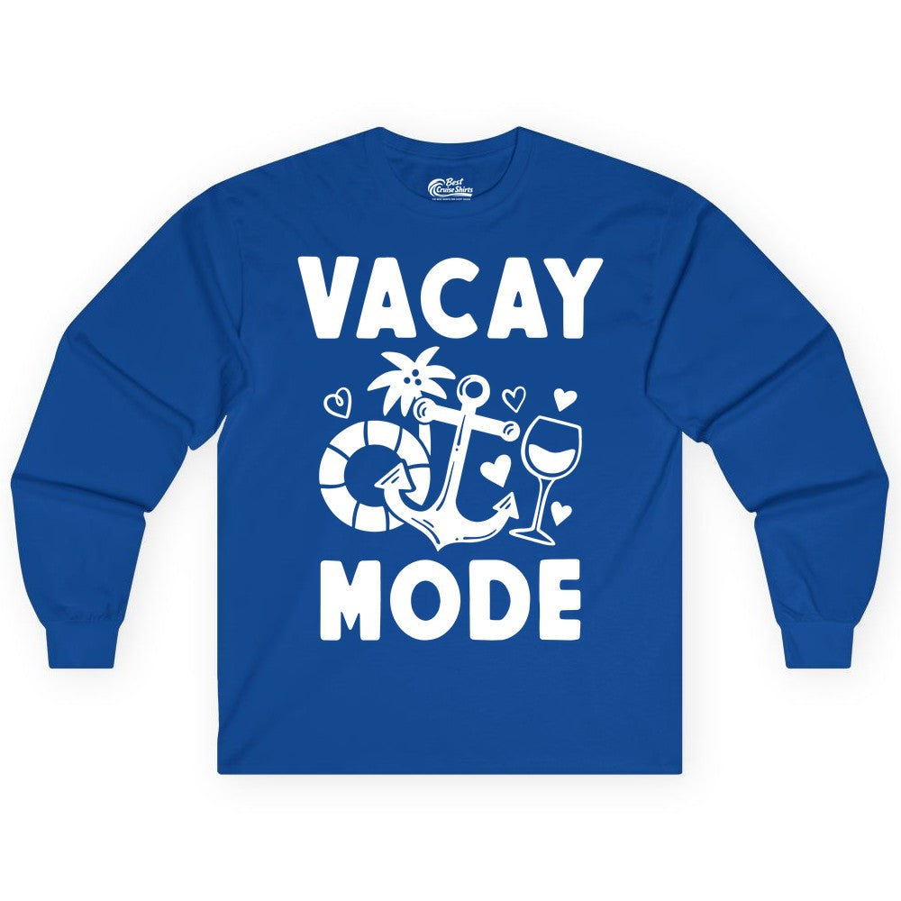 Vacay Mode Shirt - Cruise Vacation Top for Summer Getaways (Long Sleeve) in Royal - Vacay Mode Cruise Shirt - Anchor Palm Wine Lifebuoy Tropical Art Tee