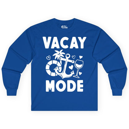 Vacay Mode Shirt - Cruise Vacation Top for Summer Getaways (Long Sleeve) in Royal - Vacay Mode Cruise Shirt - Anchor Palm Wine Lifebuoy Tropical Art Tee