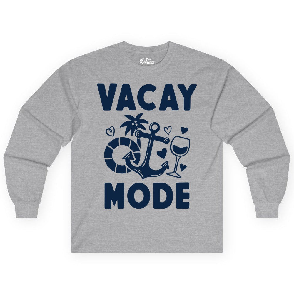 Vacay Mode Shirt - Cruise Vacation Top for Summer Getaways (Long Sleeve) in Sport Grey - Vacay Mode Cruise Shirt - Anchor Palm Wine Lifebuoy Tropical Art Tee