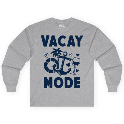 Vacay Mode Shirt - Cruise Vacation Top for Summer Getaways (Long Sleeve) in Sport Grey - Vacay Mode Cruise Shirt - Anchor Palm Wine Lifebuoy Tropical Art Tee
