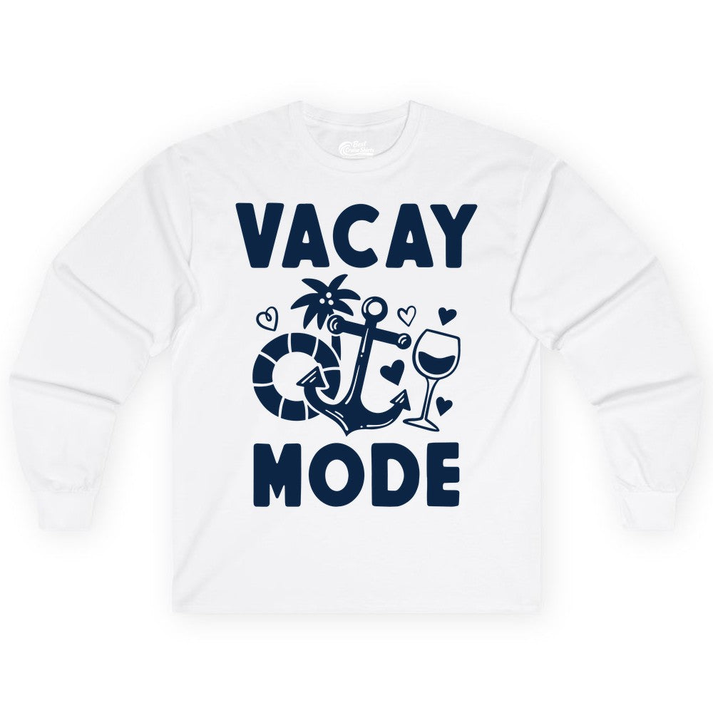 Vacay Mode Shirt - Cruise Vacation Top for Summer Getaways (Long Sleeve) in White - Vacay Mode Cruise Shirt - Anchor Palm Wine Lifebuoy Tropical Art Tee